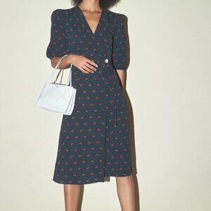 Rouje Paris Rosalie Dress Cherry Print Navy Wrap Summer Size 8 Midi